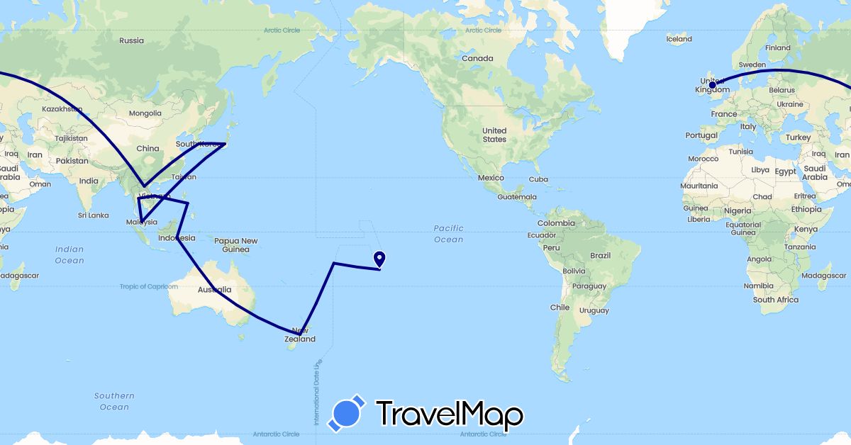 TravelMap itinerary: driving in Australia, France, United Kingdom, Indonesia, Japan, South Korea, Laos, Malaysia, New Zealand, Philippines, Thailand, Samoa (Asia, Europe, Oceania)